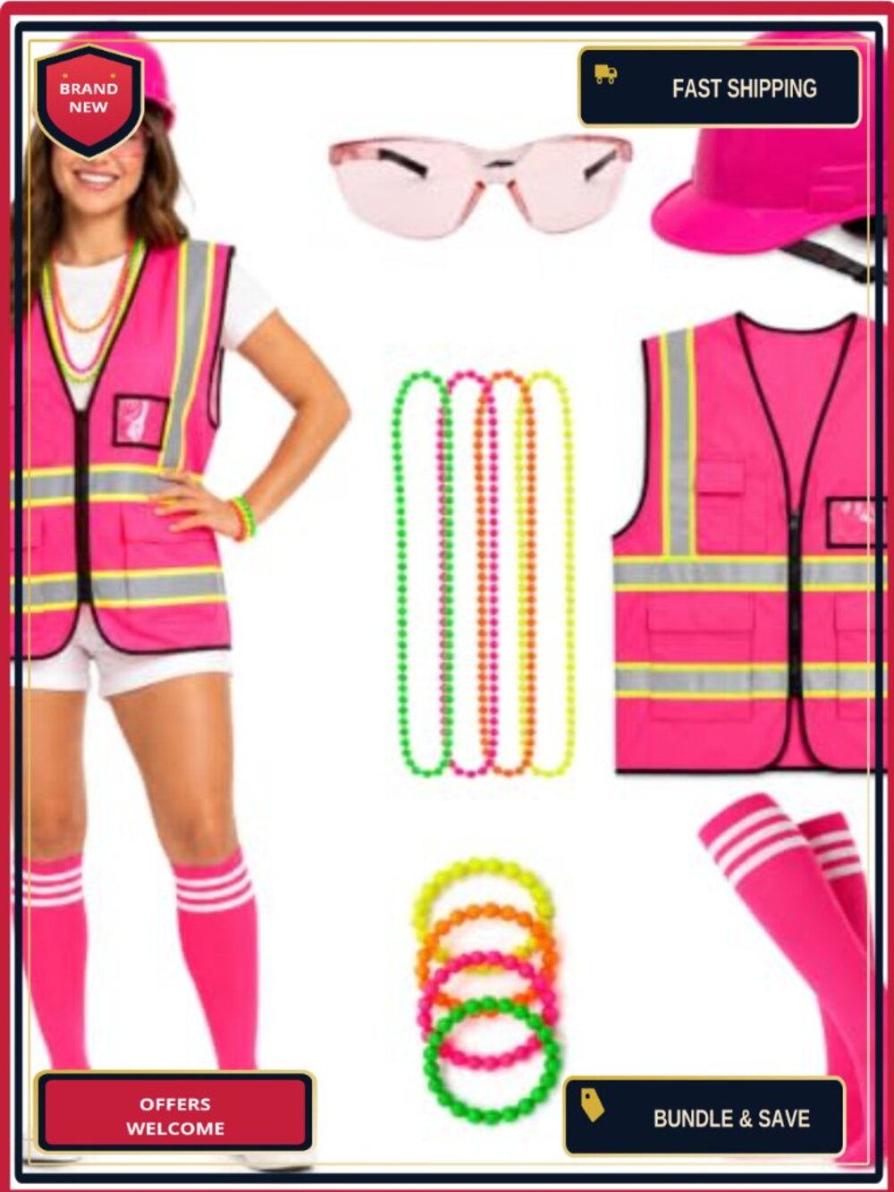 12 Piece Construction Worker Costume Set Reflective Vest Hat Accessories for